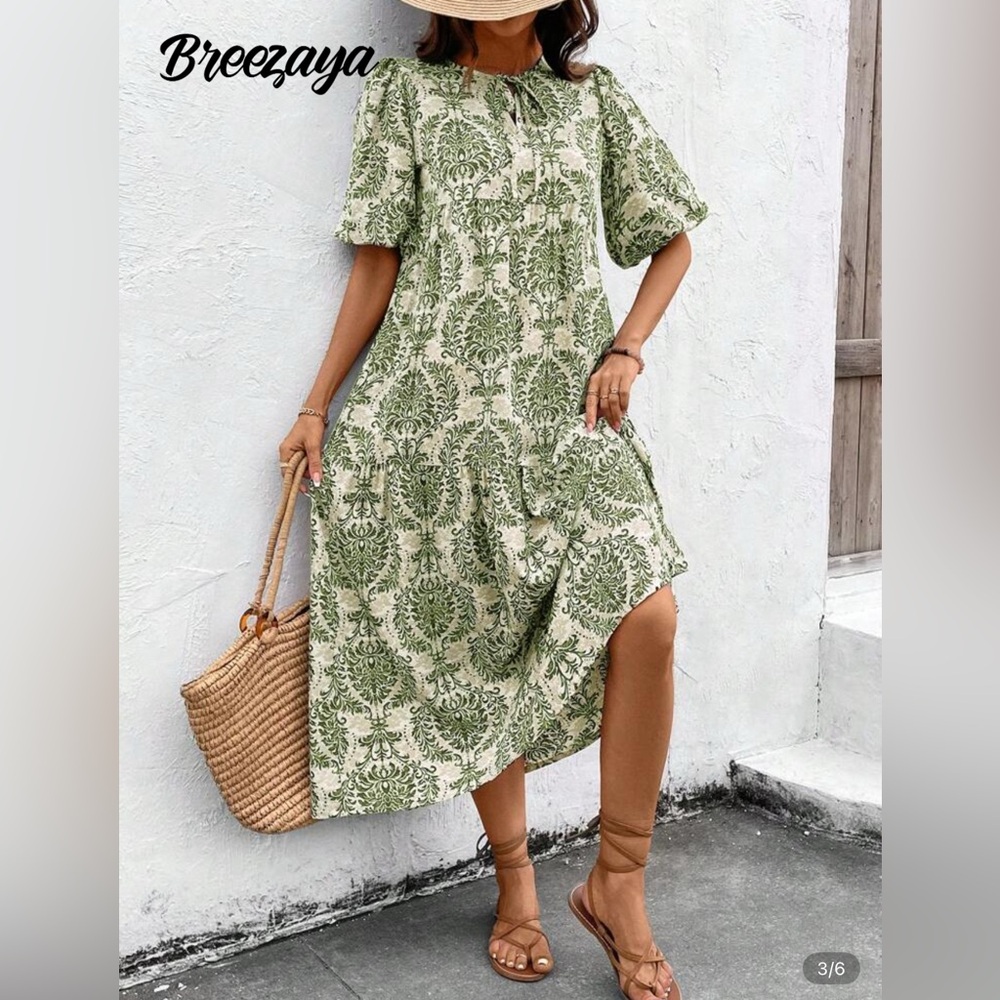 Breezaya Dazy Olive Patterned Midi Dress Sz S
